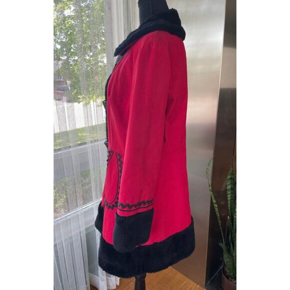 Vintage 80s ladies coat, red & black parka, faux fur collar & cuffs, 6/8 (S/M) - Picture 3 of 9
